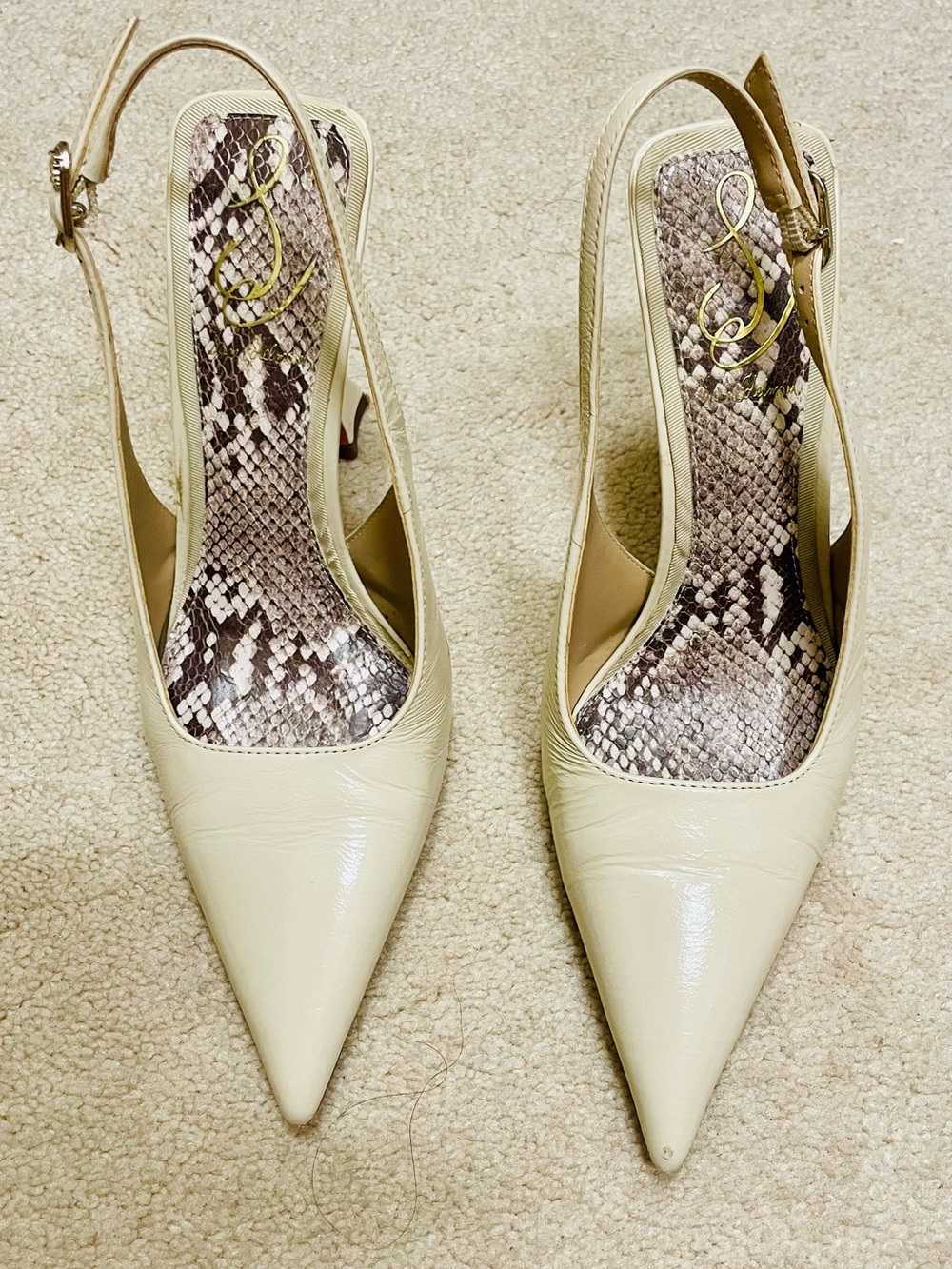 Sam Edelman Cream Patent Leather Pointed Toe Slingback Heels Snakeskin Insole